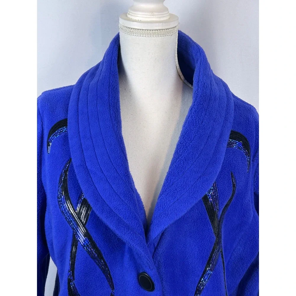 Royal Blue Fleece Sequin Swirl Shawl Collar Button Up Jacket Cardigan Women L